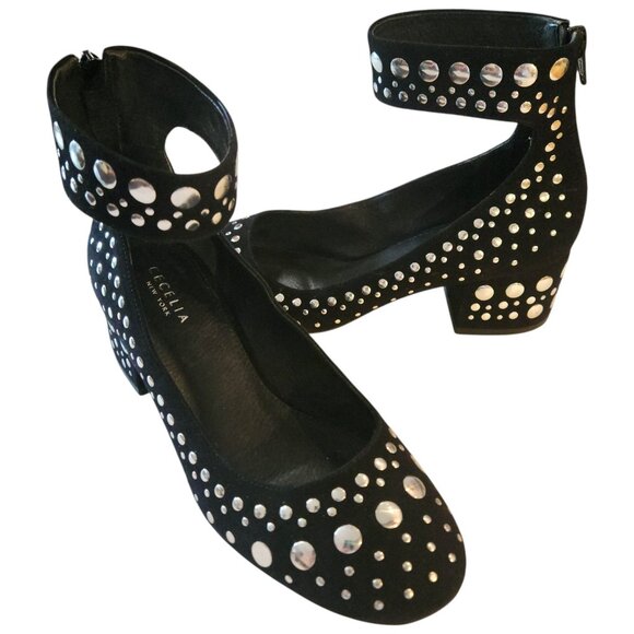 Cecelia New York Black Suede Ankle Strap Studded Block Heels Womens Sz 7 - Picture 10 of 13